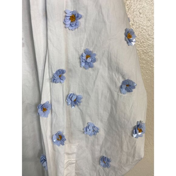 Dhruv Kapoor Anthropologie Button Up Top Women size XL White Blue 3D flower Boho - Picture 10 of 16